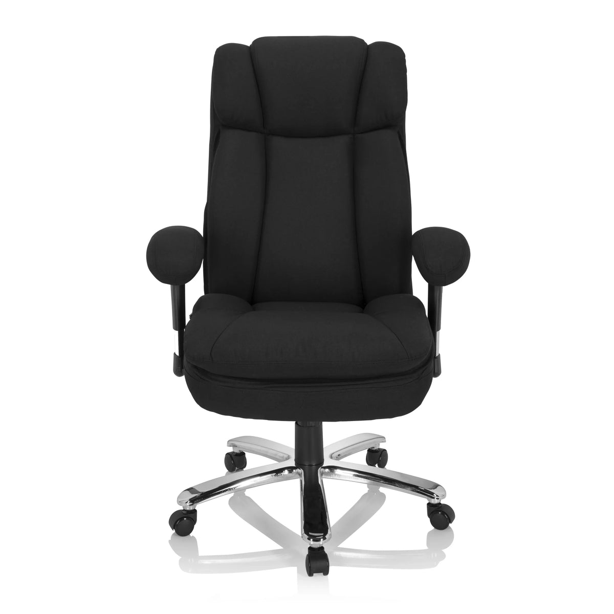 Svart snurrstol BUILDER XXL I med tygklädsel och ett femstjärnigt underrede med hjul från hjh OFFICE – 360-gradersvy (framifrån 0°)