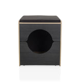 Svart katthus KITTY PAWBOX 2 med rund öppning och detaljer i eklook från hjh LIVING – 360-gradersvy (framifrån 0°)