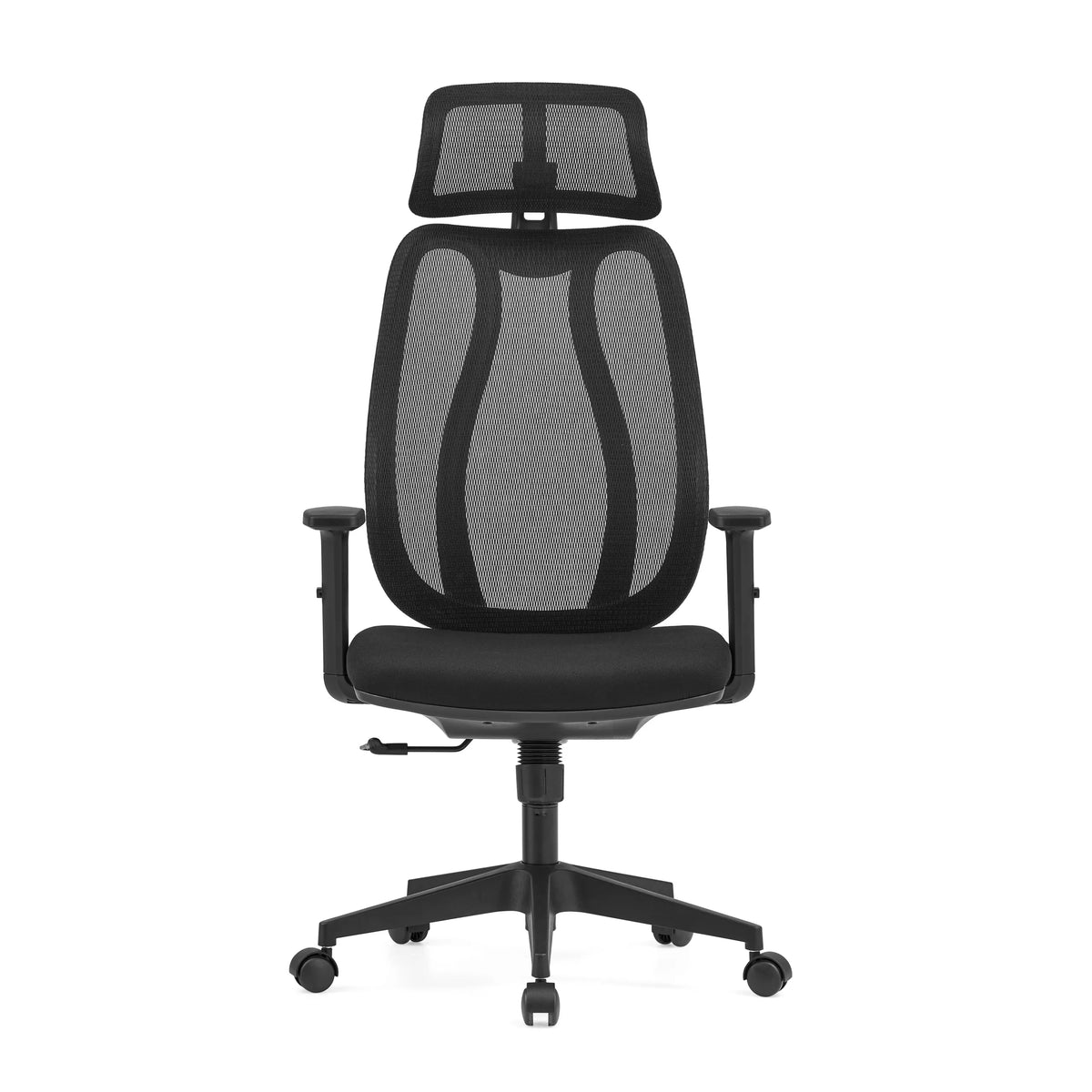 Svart professionell kontorsstol Filaro med nätrygg, nackstöd och femstjärnigt fotkors med hjul från hjh OFFICE – 360-gradersvy (framifrån 0°)