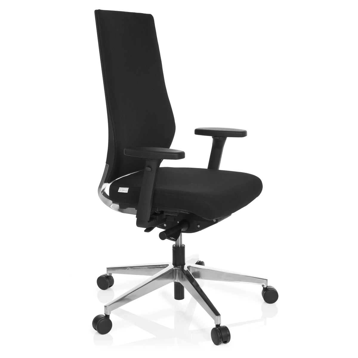 Svart Professionell kontorsstol PRO-TEC 700 med armstöd och blankt femstjärnigt underrede med hjul från hjh OFFICE – 360-gradersvy (snett framifrån 60°)