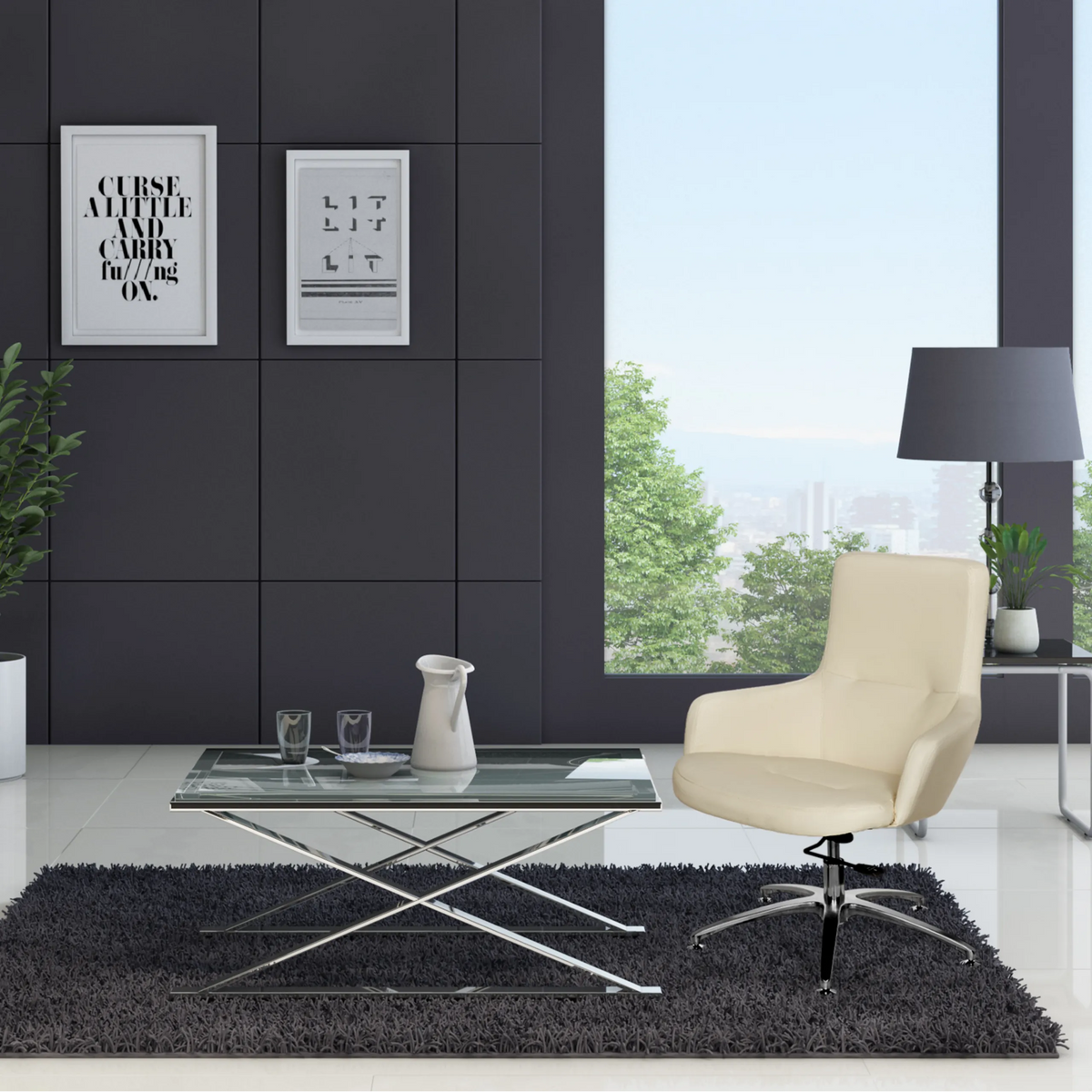 gräddvit SHAKE 300 loungefåtölj med stjärnfot på en mörk matta bredvid ett glasbord från hjh OFFICE