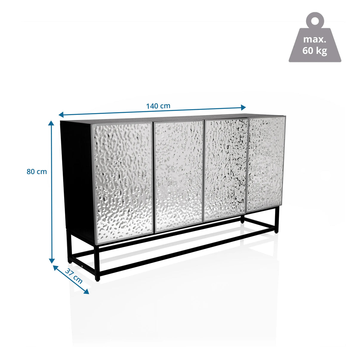 Måttskiss av Byrå METALLIO med 140 × 80 cm och en belastningsförmåga på 60 kg från hjh LIVING