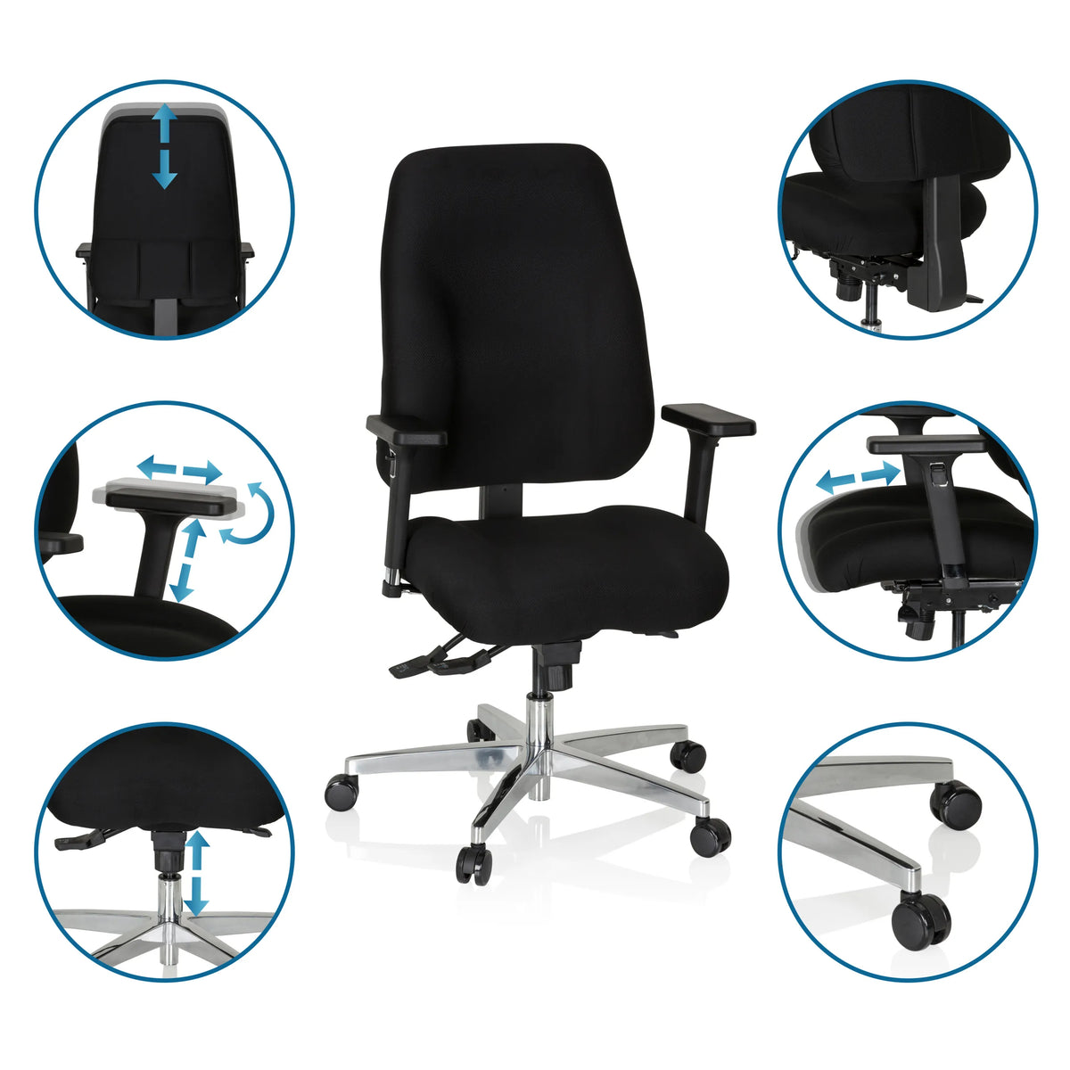 Justerbara funktioner för Professionell kontorsstol ZENIT COMFORT i svart med hjul och armstöd från hjh OFFICE