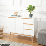 Vitt TAROLO I sidobord med tre lådor och två dörrar på träben från hjh LIVING (AI-genererad bild)