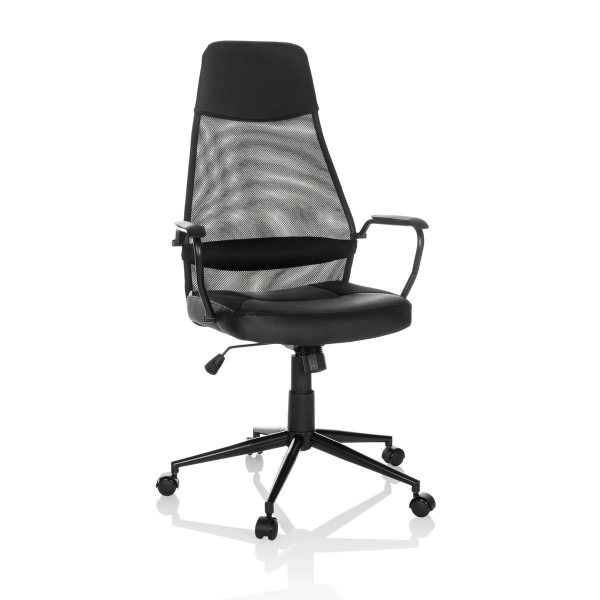 Svart Home Office chefsfåtölj MARCOZ med nätrygg och femhjulig fotkorsbas från MyBuero – 360-gradersvy (framifrån 15°)
