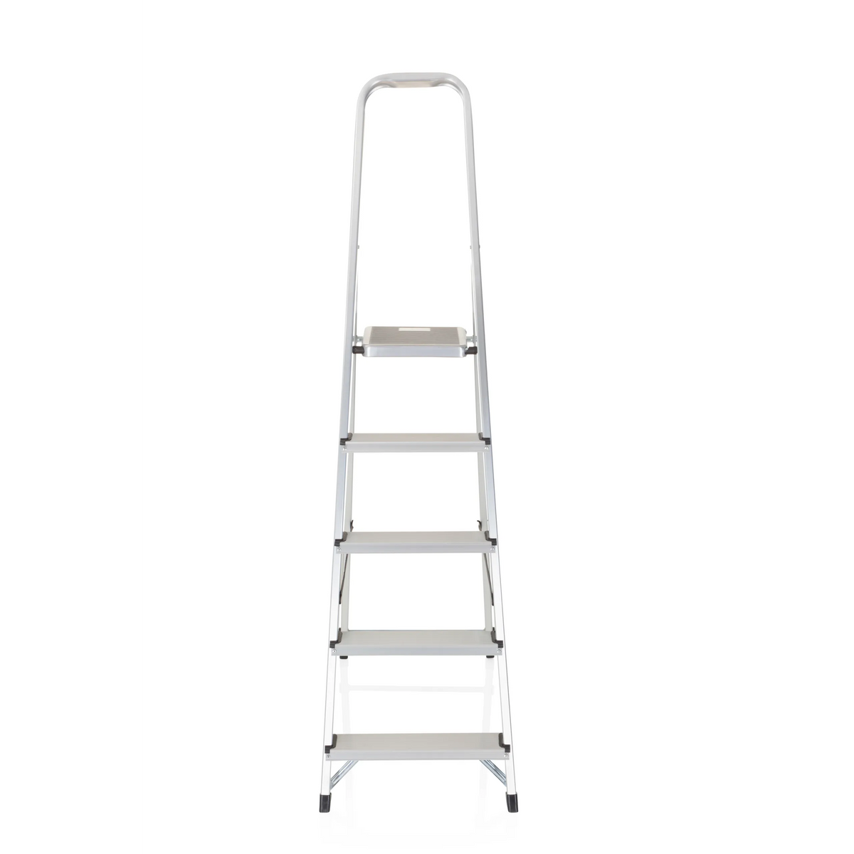 Silverfärgad fällbar stege SOLID III i aluminium med fem steg och handtag från hjh OFFICE – 360-gradersvy (framifrån 0°)