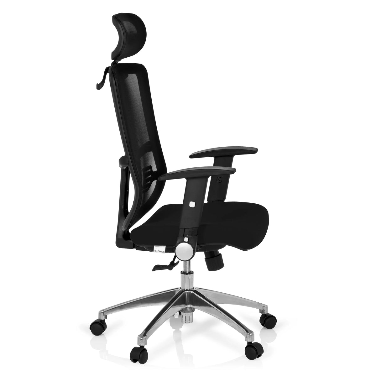 Svart Professionell kontorsstol CAYEN med nätrygg, nackstöd och femhjulig fotkorsbas från hjh OFFICE – 360-gradersvy (sidoprofil 80°)