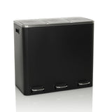 Svart papperskorg Clean 9 med tre fack, silverfärgade lock och fotpedaler från hjh OFFICE – 360-gradersvy (framifrån 15°)