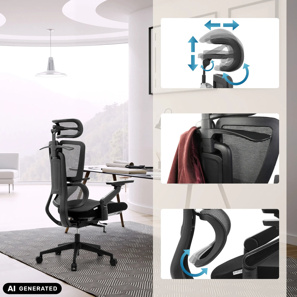 Justerbart nackstöd och ländstöd på den professionella kontorsstolen Ergo U2 Flex3 från hjh OFFICE (AI-genererad bild)