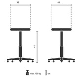 Teknisk ritning av Stegpall TIO-M II med 43 × 41 cm och max. 150 kg belastning från hjh OFFICE