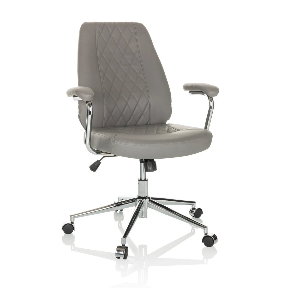 Grå Home Office chefsfåtölj THEO I med quiltat ryggstöd och femhjulig bas från hjh OFFICE – 360-gradersvy (framifrån 15°)