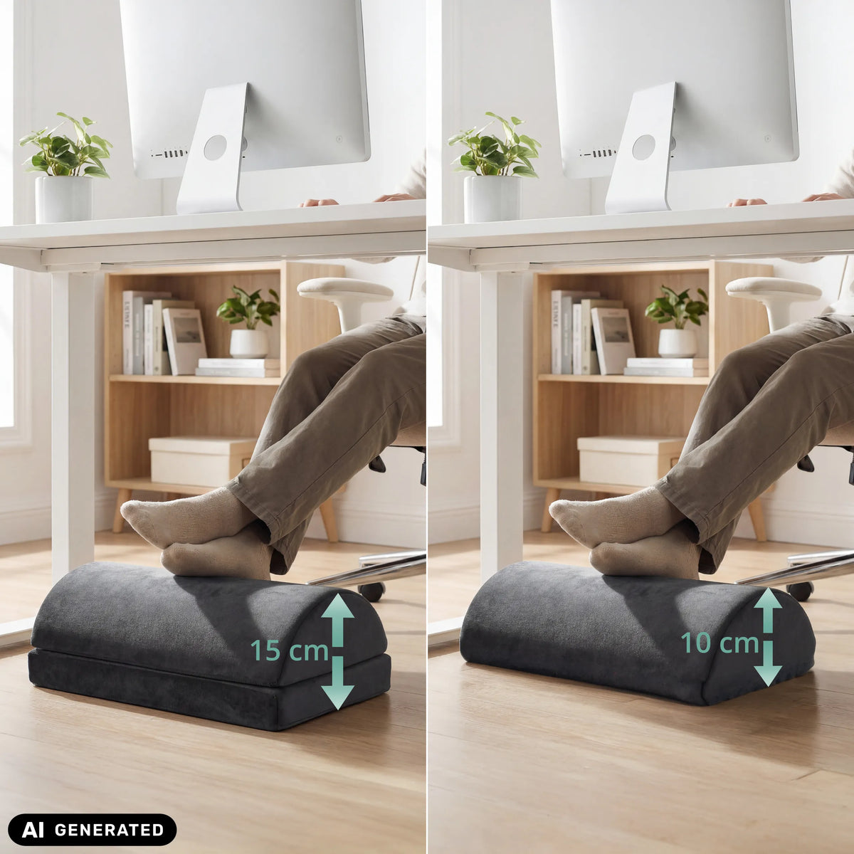 Höjdjämförelse av Podi Velvet 1 fotstöd med 10 cm och 15 cm från hjh OFFICE (AI-genererad bild)