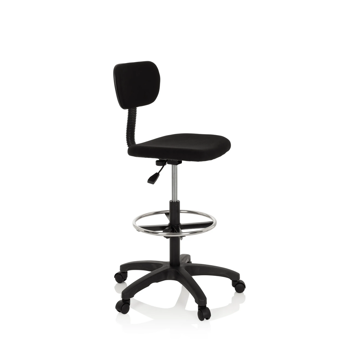 Svart Bardiskstol TOP WORK 05 med fotring och femstjärnig fotkorsbas med hjul från hjh OFFICE – 360-gradersvy (snett framifrån 60°)