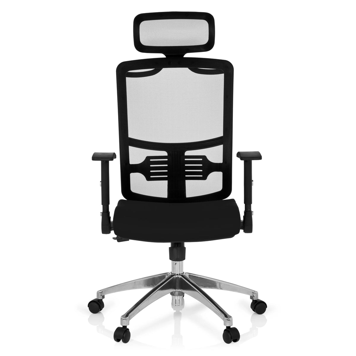 Svart Professionell kontorsstol CAYEN med nätrygg, nackstöd och femhjulig fotkorsbas från hjh OFFICE – 360-gradersvy (framifrån 0°)