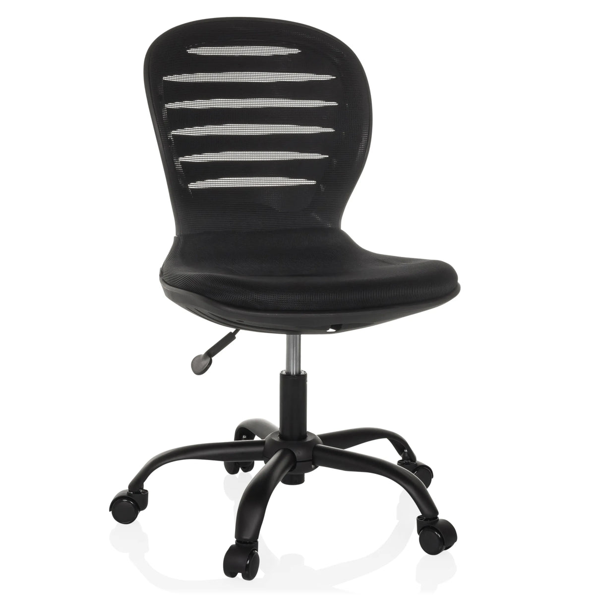 Svart Home Office kontorsstol CASLA med nätrygg och femstjärnig fotkorsbas med hjul från hjh OFFICE – 360-gradersvy (framifrån 15°)