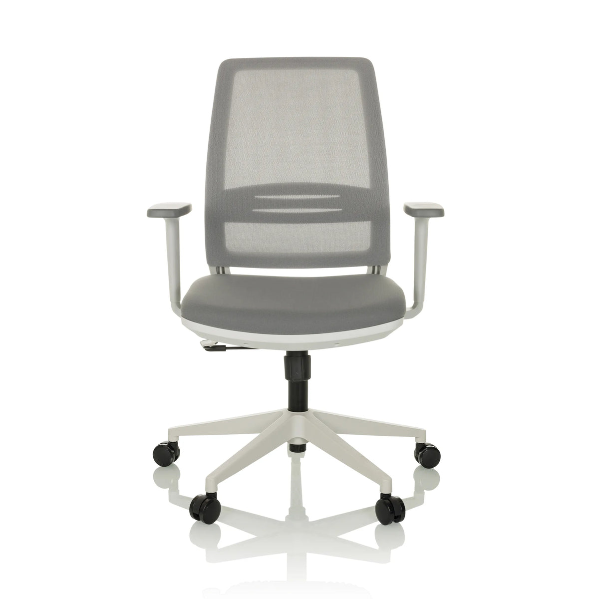 Grå Home Office kontorsstol PROFONDO ECO W med nätrygg och femstjärnig fotkorsbas med hjul från hjh OFFICE – 360-gradersvy (framifrån 0°)