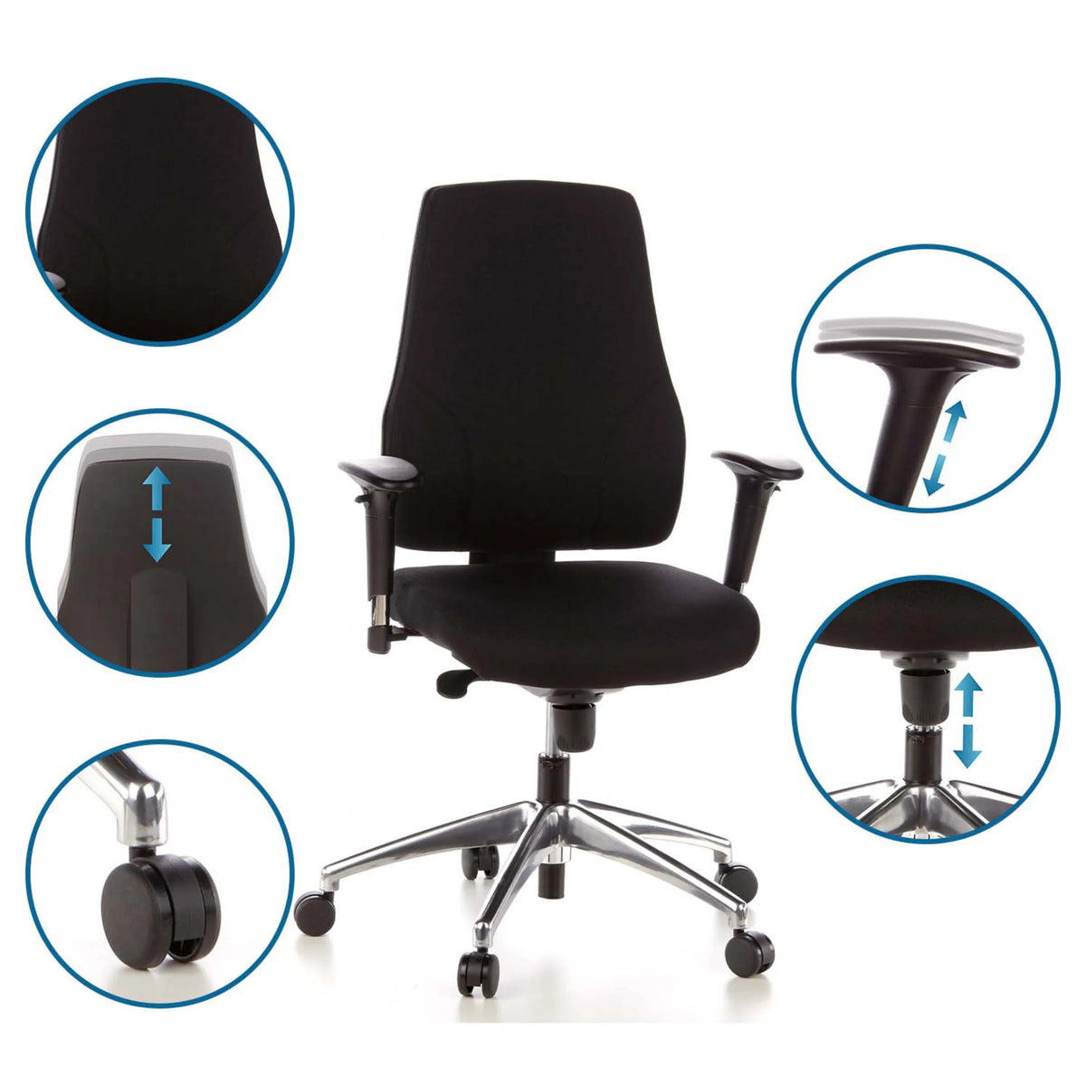 Justerbara funktioner för Professionell kontorsstol PRO-TEC 200 med armstöd och gaslift från hjh OFFICE