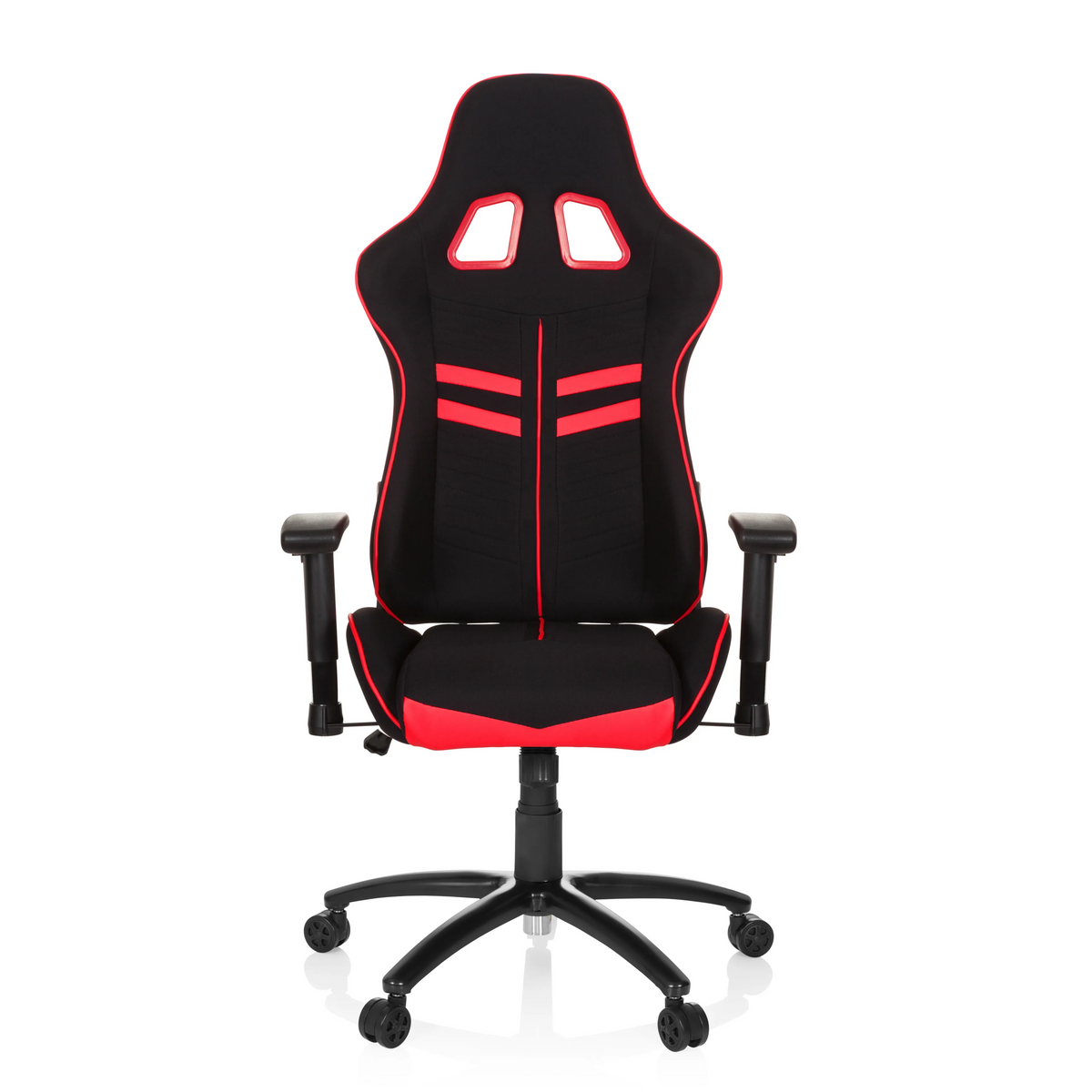 Schwarz-roter Gamingstuhl LEAGUE PRO I mit zwei Kopfstützen-Öffnungen und Fußkreuz mit fünf Rollen von hjh OFFICE – 360-Grad-Ansicht (Frontansicht 0°)