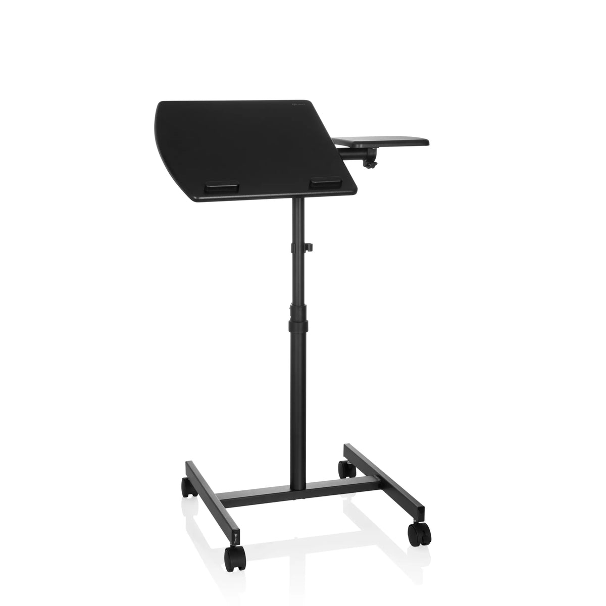 Svart Ståskrivbord VM-SL med avställningsyta och U-format underrede på hjul från hjh OFFICE – 360-gradersvy (framifrån 16°)