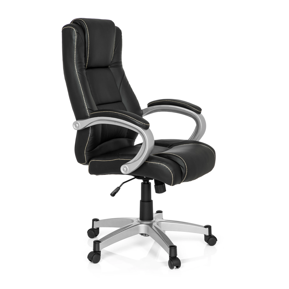 Schwarzer Gamingstuhl RELAX CL180 mit Polsterung und Fußkreuz mit fünf Rollen von MyBuero – 360-Grad-Ansicht (schräge Frontansicht 60°)