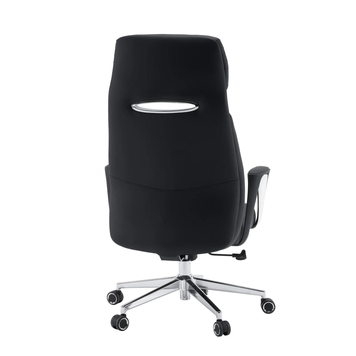Baksida av den professionella chefsfåtöljen VELVET ECO i svart med kromunderrede och mattahjul från hjh OFFICE