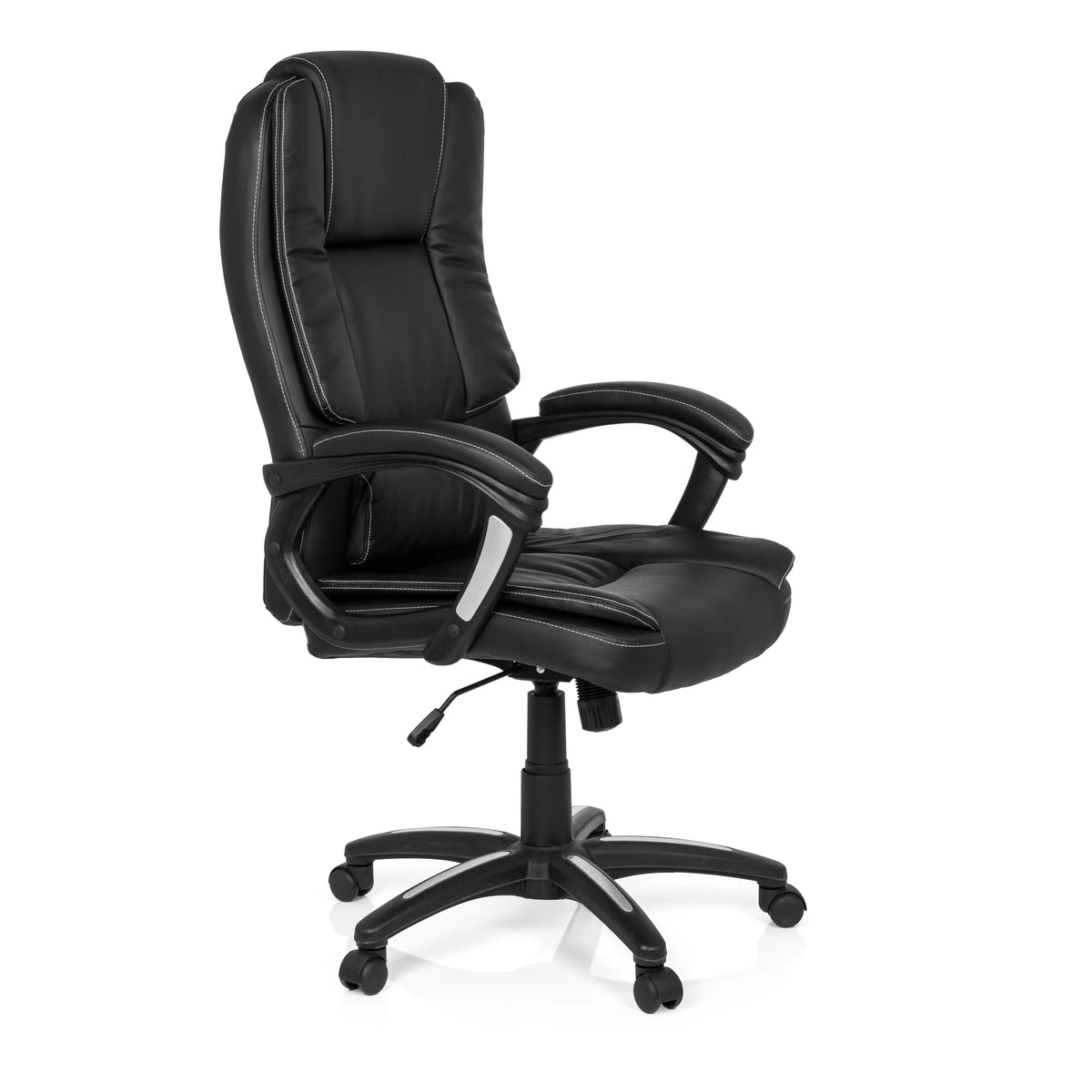 Svart Home Office kontorsstol RELAX CL120 med vaddering och femstjärnig fotkorsbas med hjul från MyBuero – 360-gradersvy (snett framifrån 60°)