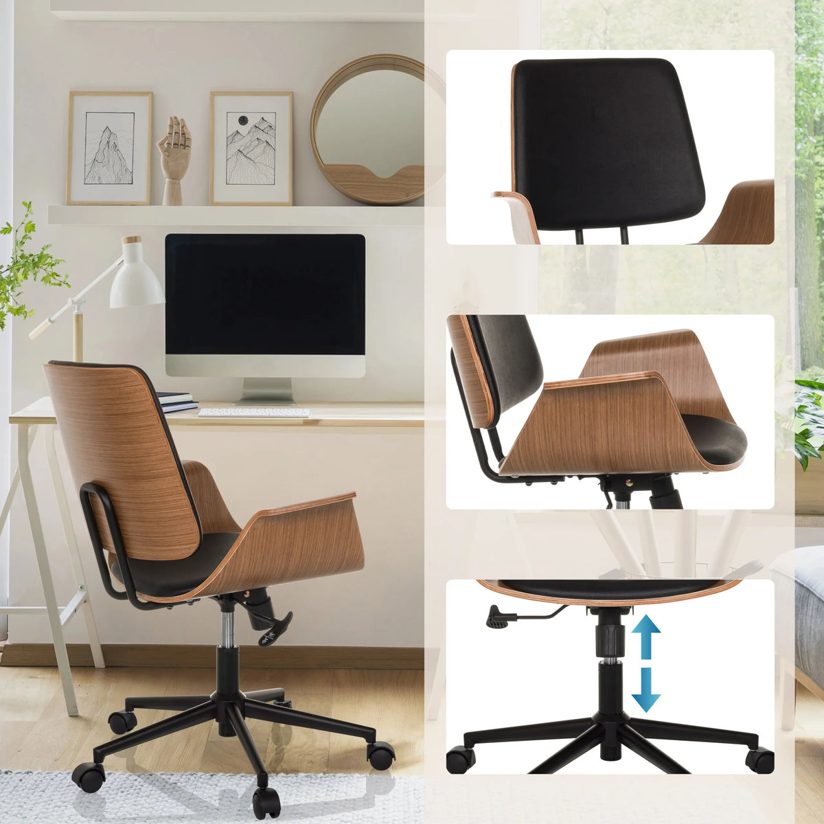 Home Office kontorsstol CENCA II med träskal, svart dyna och gasfjäder från hjh LIVING