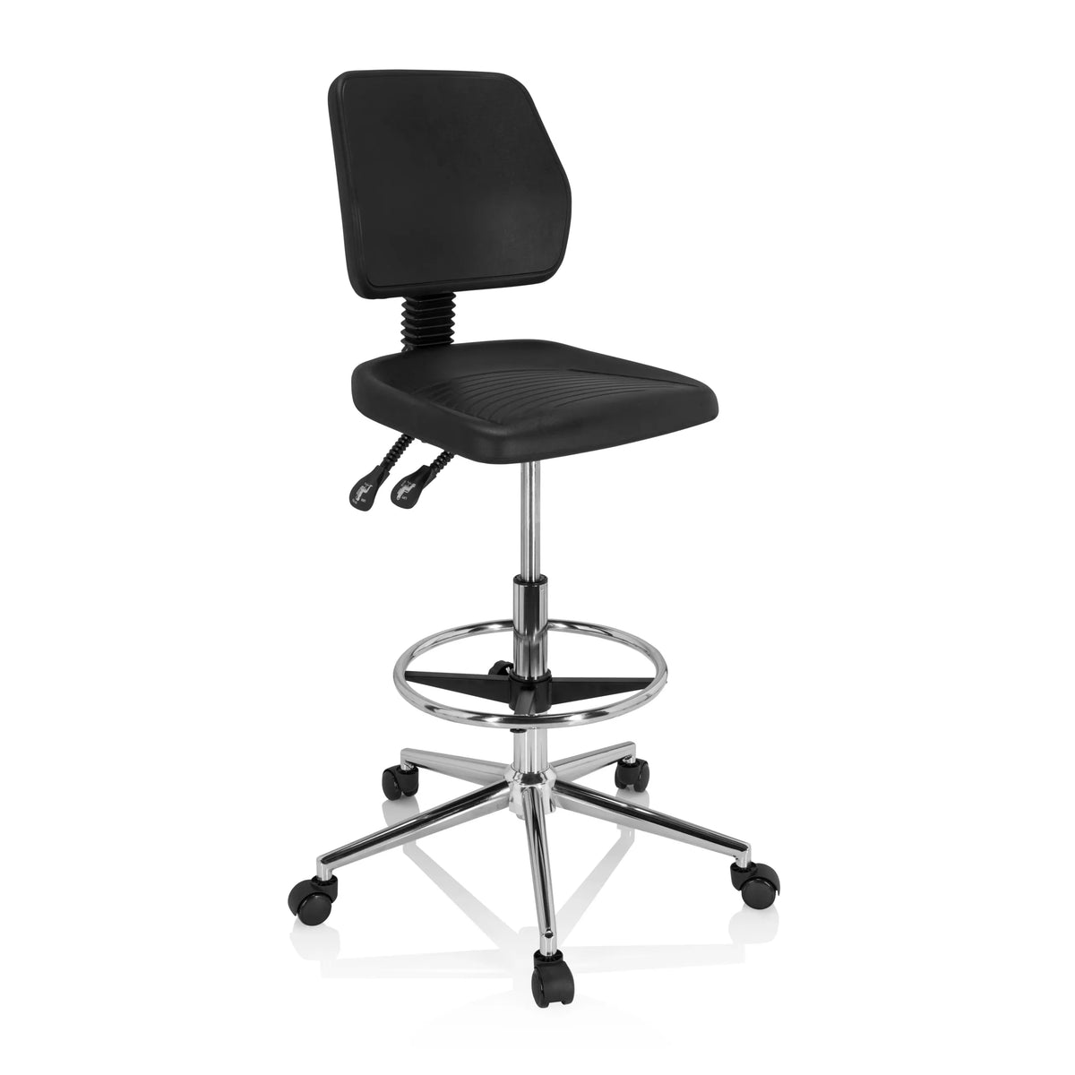 Svart Bardiskstol TOP WORK 11 I med fotring och femhjulig fotkorsbas från hjh OFFICE – 360-gradersvy (snett framifrån 40°)