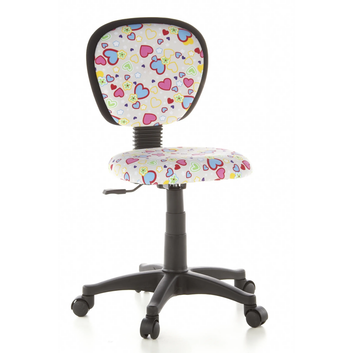 Snurrstol för barn KIDDY TOP med färgglatt hjärt- och blommönster samt femhjulig fotkorsbas från hjh OFFICE – 360-gradersvy (framifrån 20°)