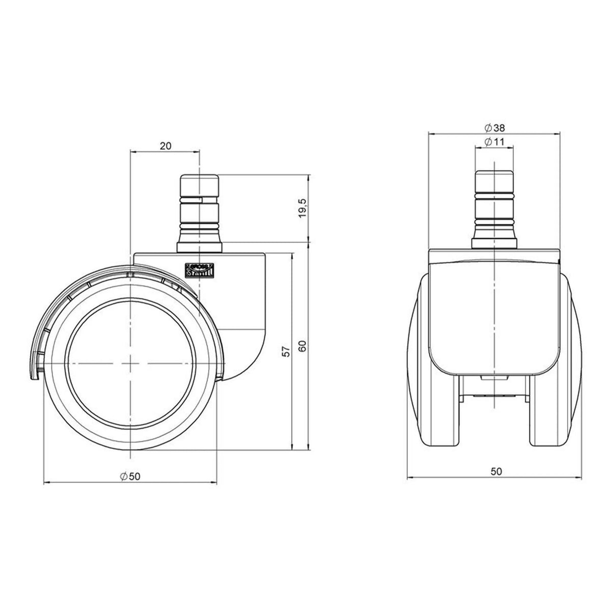 Technische Zeichnung der Stuhlrollen 5x ROLO No-Noise 11mm/50mm mit einem Außendurchmesser von 50 mm von hjh OFFICE