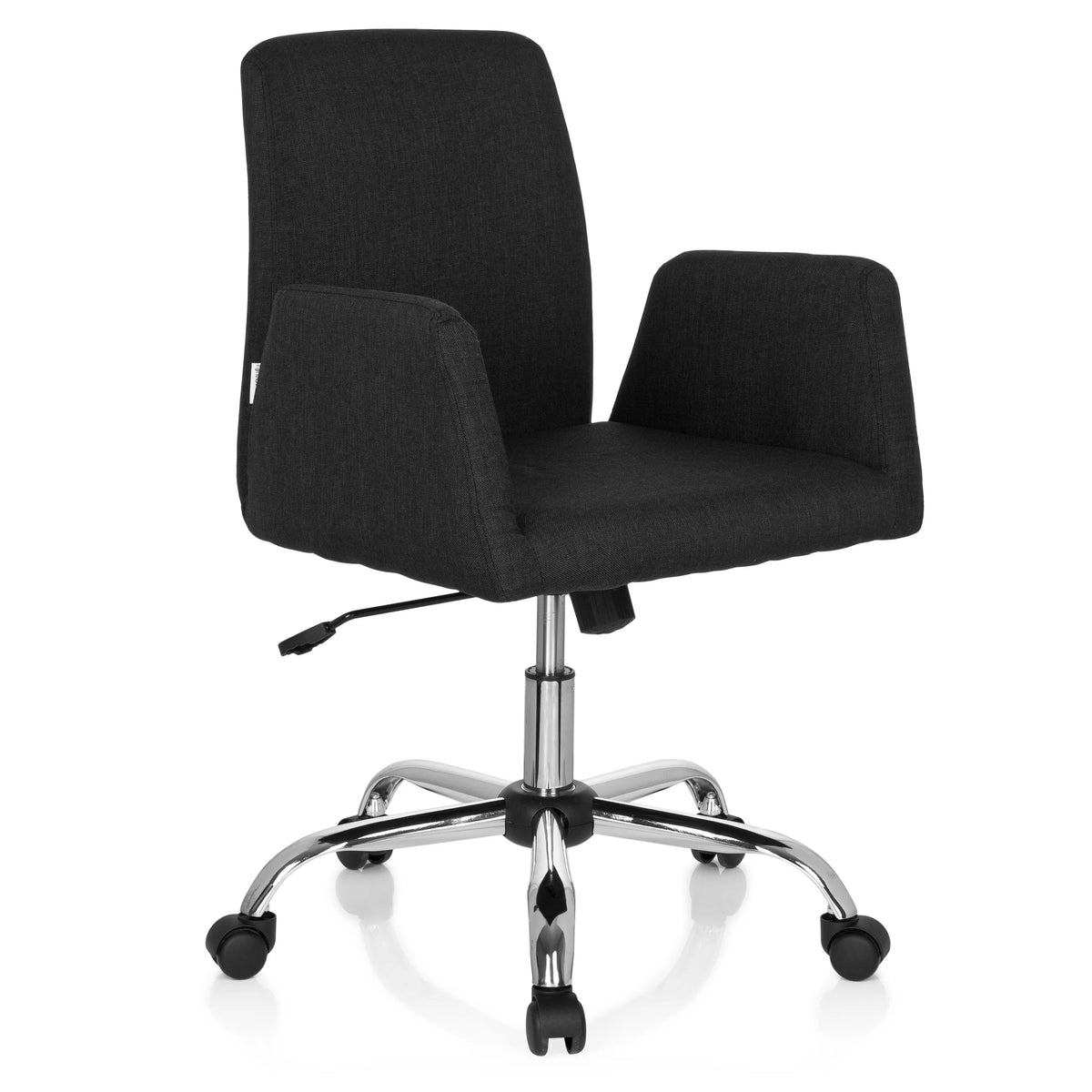 Svart Home Office kontorsstol FLOW med armstöd och blankt femstjärnigt underrede med hjul från hjh OFFICE – 360-gradersvy (snett framifrån 40°)