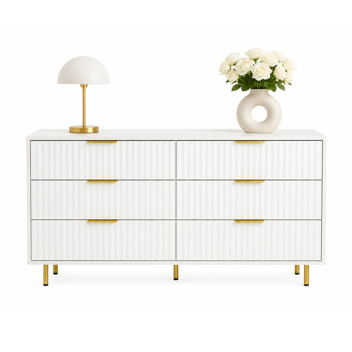 Vitt Sidobord HJELLE med sex lådor, räfflad look och guldfärgade ben från hjh LIVING