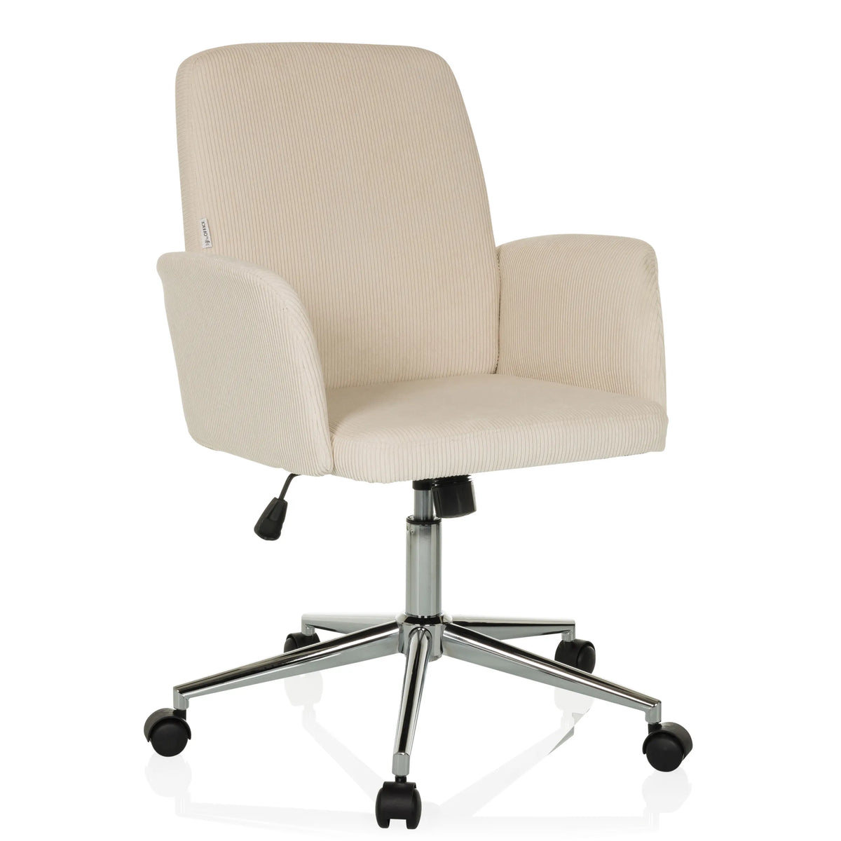Beiger Homeoffice-Bürostuhl SOLAO CORD mit geripptem Bezug und Fußkreuz mit fünf Rollen von hjh OFFICE – 360-Grad-Ansicht (schräge Frontansicht 30°)