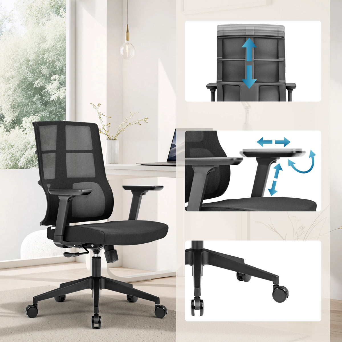 Justerbara funktioner för Professionell kontorsstol SPINIO med armstöd och gasfjäder från hjh OFFICE