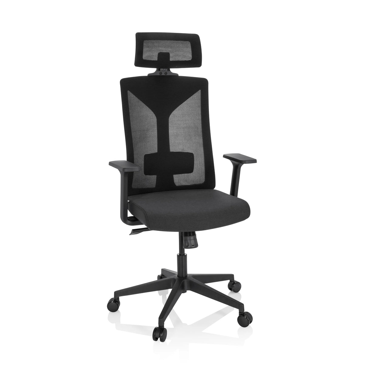 Svart Professionell kontorsstol KODIAK med nätrygg, nackstöd och femstjärnig fotkorsbas med hjul från hjh OFFICE – 360-gradersvy (framifrån 20°)