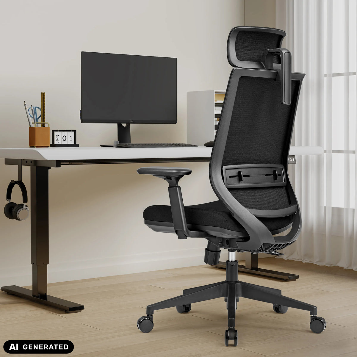 Svart professionell kontorsstol Profondo F med nackstöd och nätrygg vid ett skrivbord från hjh OFFICE (AI-genererad bild)