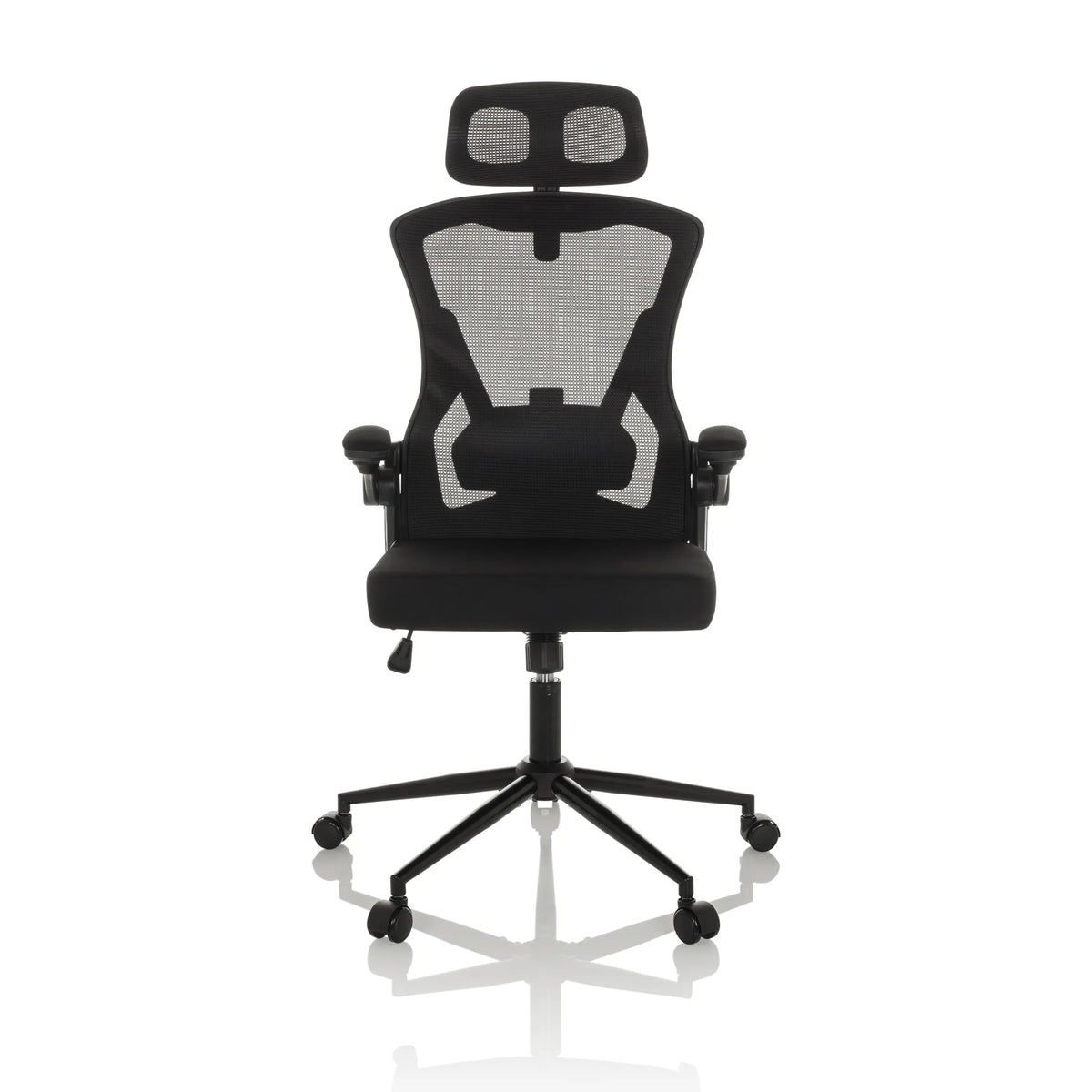 Svart Professionell kontorsstol ARIGANO med nätrygg, nackstöd och femhjulig fotkorsbas från hjh OFFICE – 360-gradersvy (framifrån 0°)