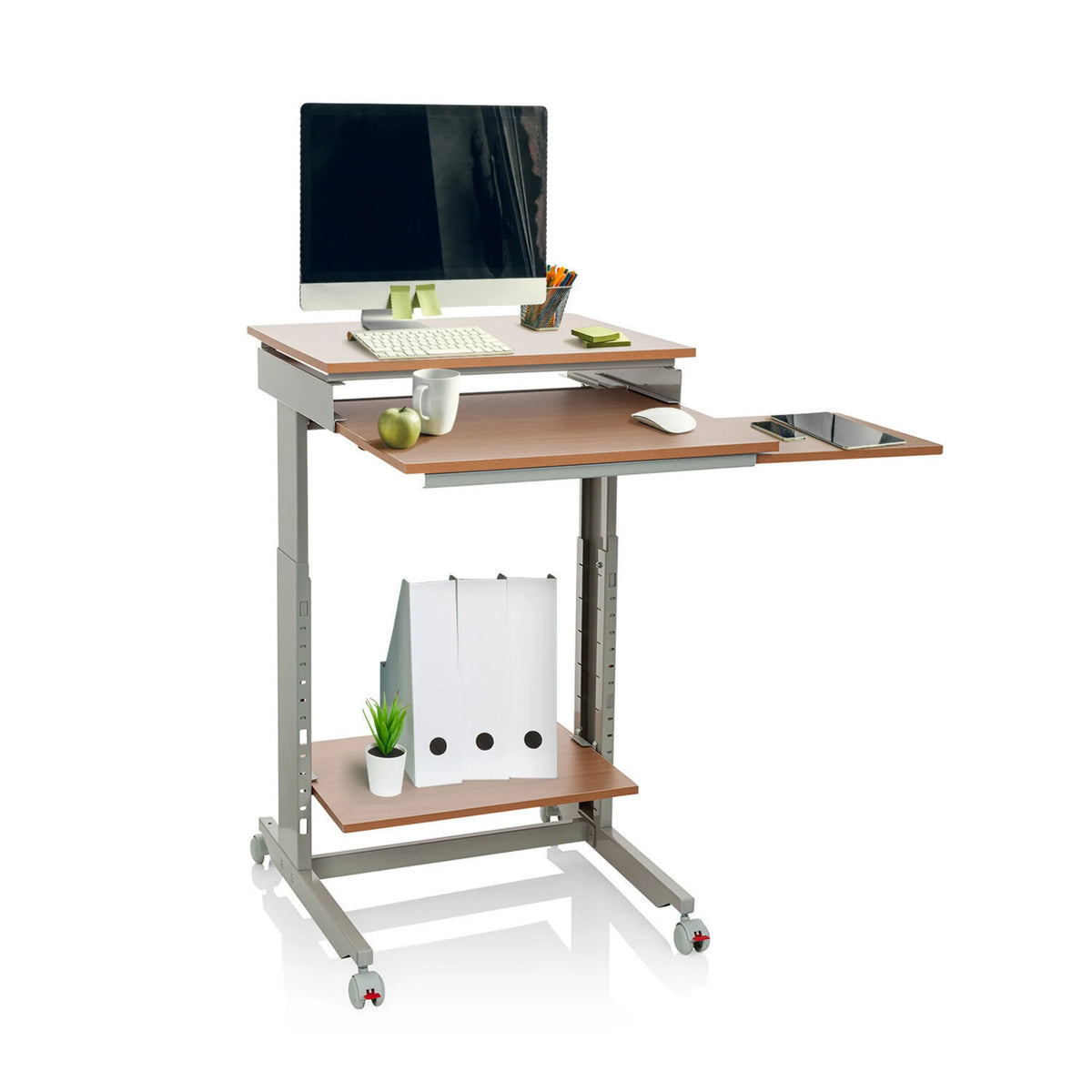 Ståskrivbord WORKSTATION i bok och grå med två nivåer, förvaringsfack och hjul från hjh OFFICE