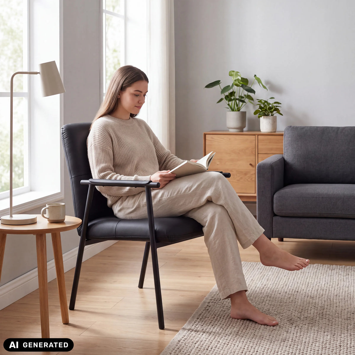 Svart stoppad stol Lifea Flex i konstläder med armstöd från hjh LIVING (AI-genererad bild)