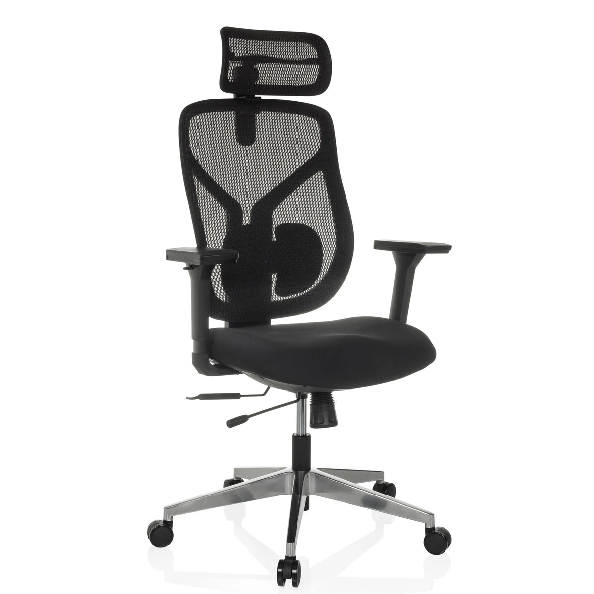 Svart Hög kontorsstol CASSILIS B med nätrygg och femhjulig fotkorsbas från hjh OFFICE – 360-gradersvy (snett framifrån 30°)