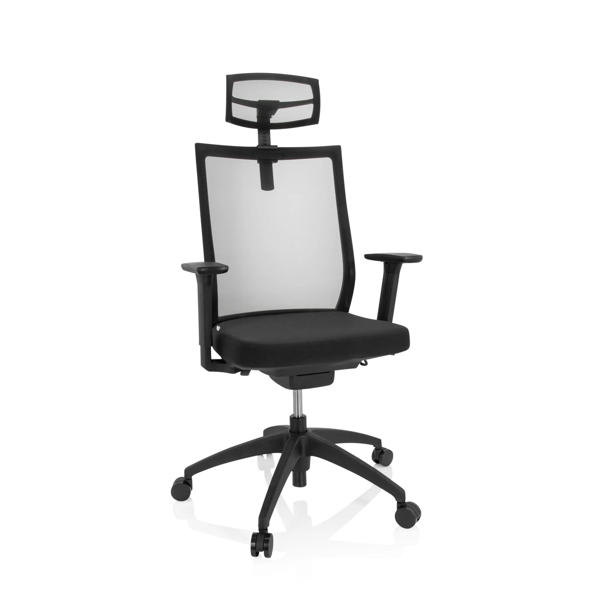 Svart Professionell kontorsstol ASPEN PRO med nätrygg, nackstöd och femhjulig stjärnfot från hjh OFFICE – 360-gradersvy (framifrån 20°)