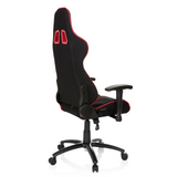 Schwarz-roter Gamingstuhl LEAGUE PRO I mit zwei Kopfstützen-Öffnungen und Fußkreuz mit fünf Rollen von hjh OFFICE – 360-Grad-Ansicht (schräge Rückenansicht 120°)