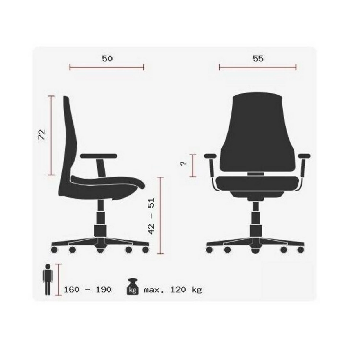 Teknisk ritning av den lyxiga chefsfåtöljen OFFICE RS1 med en bredd på 55 cm från Topstar