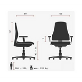 Teknisk ritning av den lyxiga chefsfåtöljen OFFICE RS1 med en bredd på 55 cm från Topstar