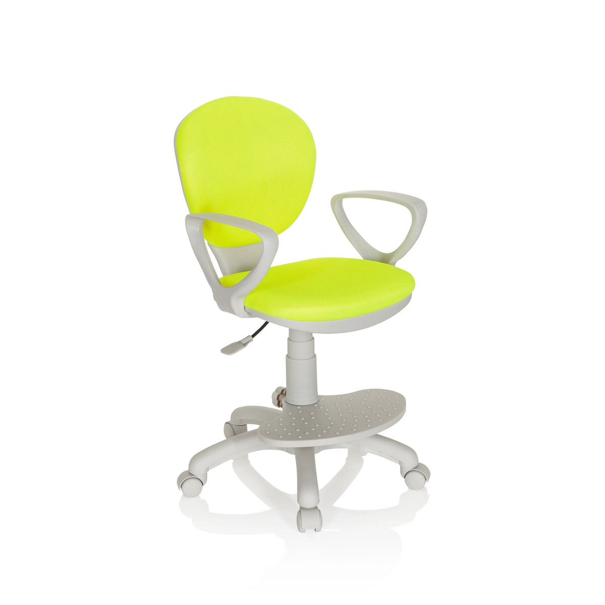 Grön Snurrstol för barn KID COLOUR G1 med grå armstöd och femhjulig fotkorsbas från hjh OFFICE – 360-gradersvy (snett framifrån 40°)