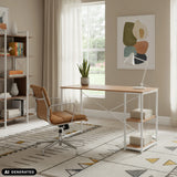 Skrivbord Easy Up2 i vitt och ek med integrerad hylla från hjh LIVING (AI-genererad bild)