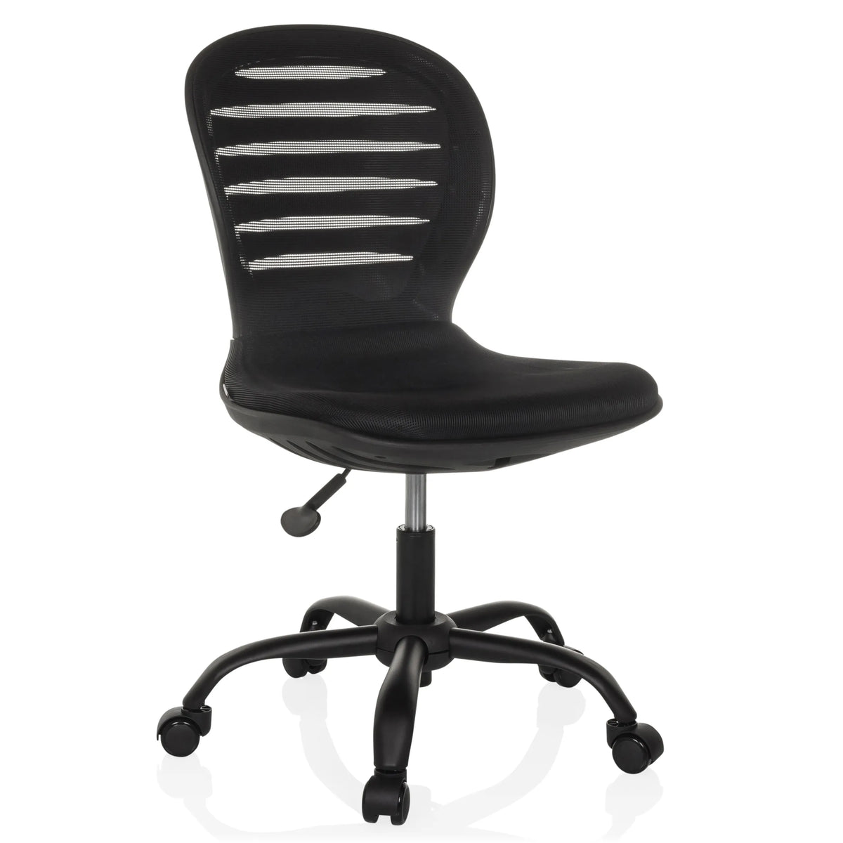 Svart Home Office kontorsstol CASLA med nätrygg och femstjärnig fotkorsbas med hjul från hjh OFFICE – 360-gradersvy (snett framifrån 30°)