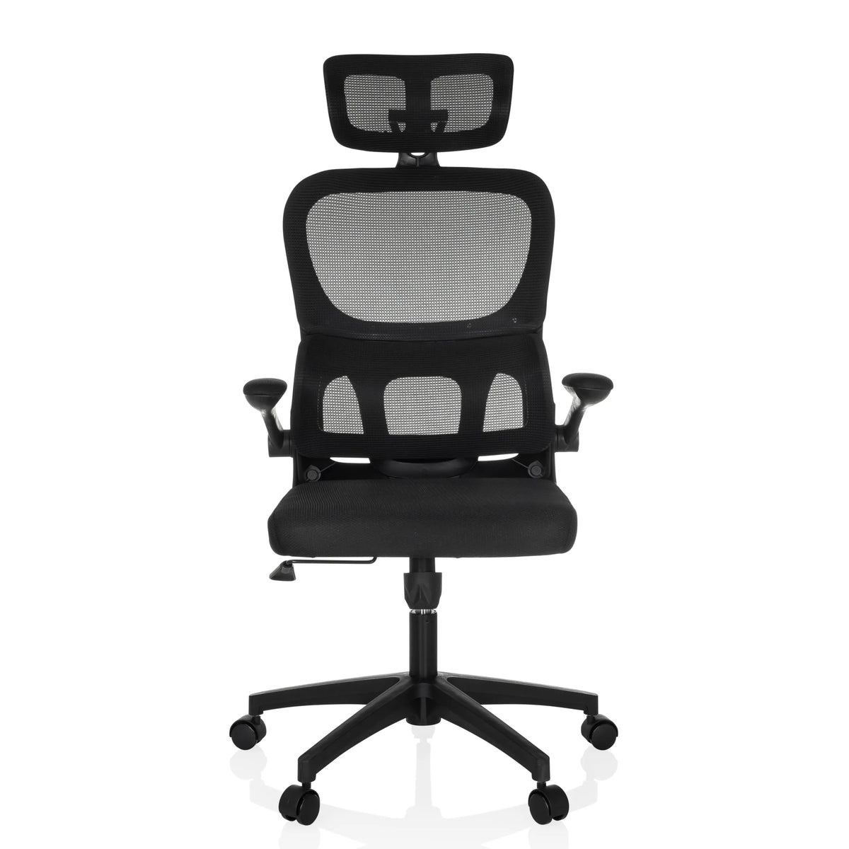 Svart Home Office kontorsstol ERGOMY FLEX med nätrygg, nackstöd och femhjulig bas från MyBuero – 360-gradersvy (framifrån 0°)