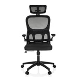 Svart Home Office kontorsstol ERGOMY FLEX med nätrygg, nackstöd och femhjulig bas från MyBuero – 360-gradersvy (framifrån 0°)
