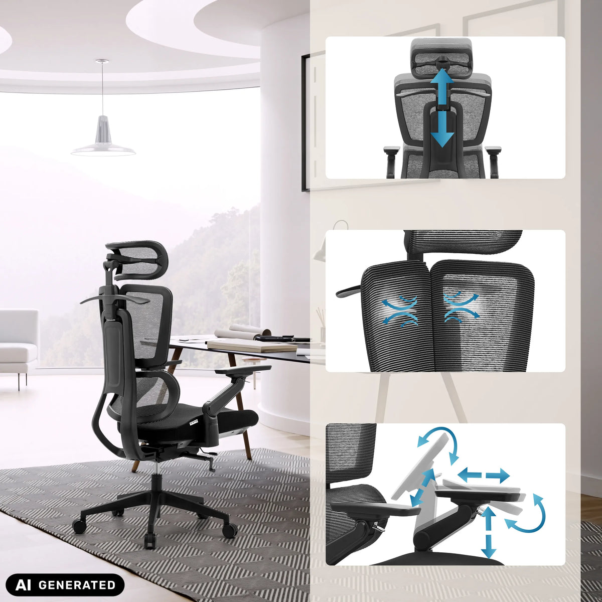 Justerbart nackstöd, ryggstöd och armstöd på den professionella kontorsstolen Ergo U2 Flex3 från hjh OFFICE (AI-genererad bild)